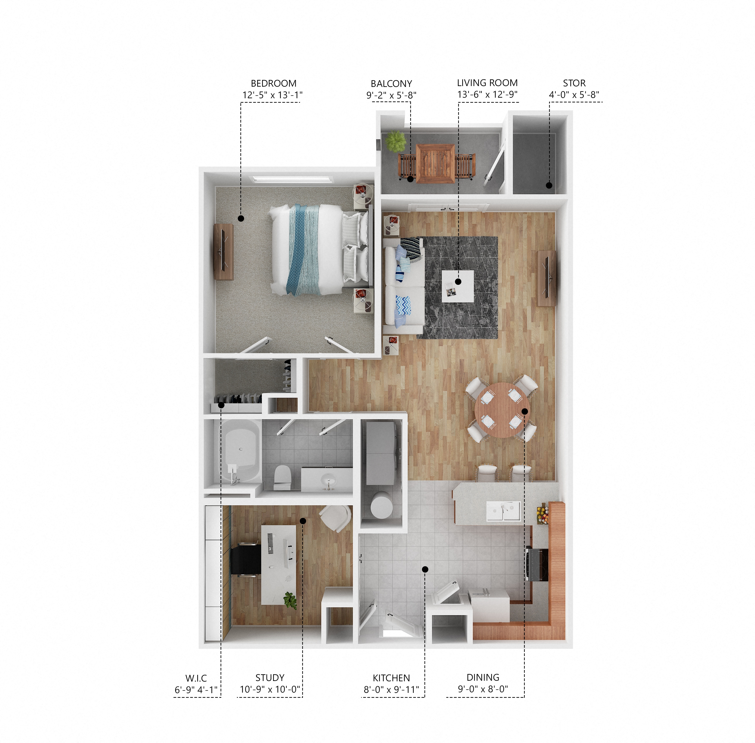 Floor plan for 1 bed, 1 bath, 898 sqft